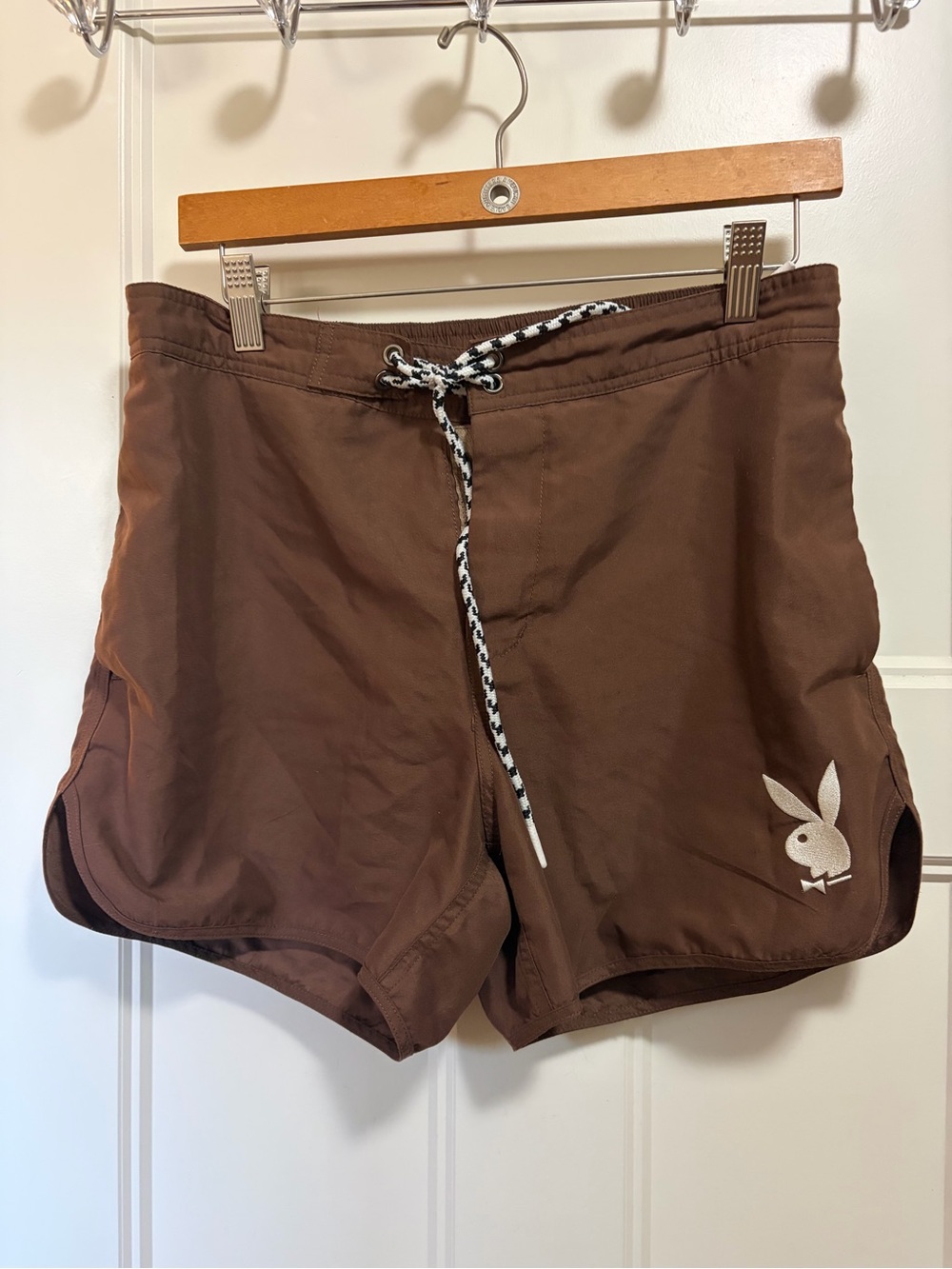 PLAYBOY Brown Swim Shorts with Black-and-White Drawstring
